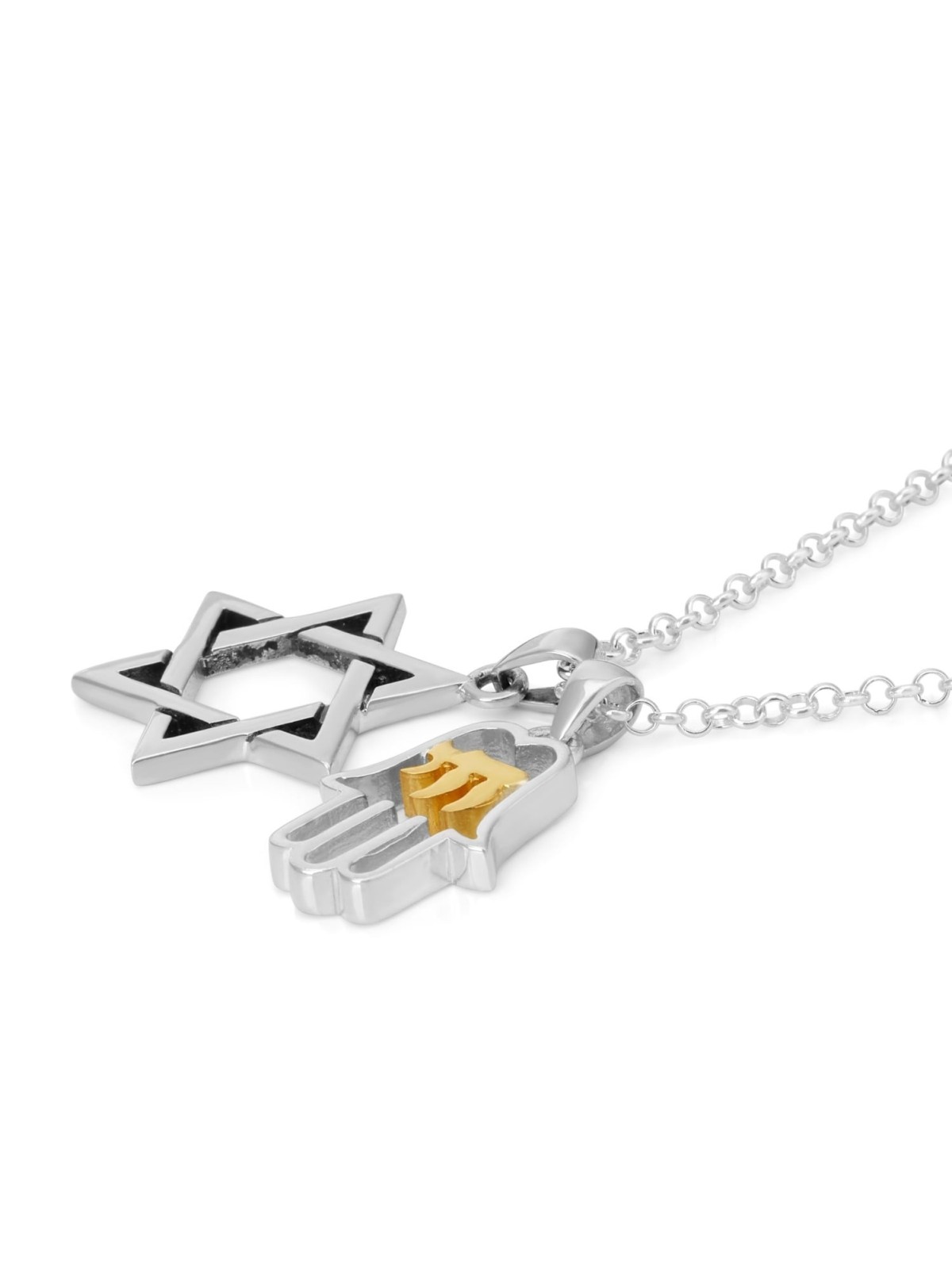 מגן דוד וחמסה עם עט כפול חי מצופה זהב מכסף סטרלינג